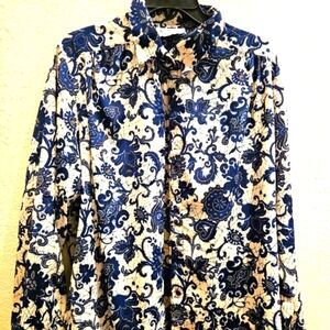 Retro 70s Vintage Maycene Blue Artsy floral retro,long sleeve button-up L